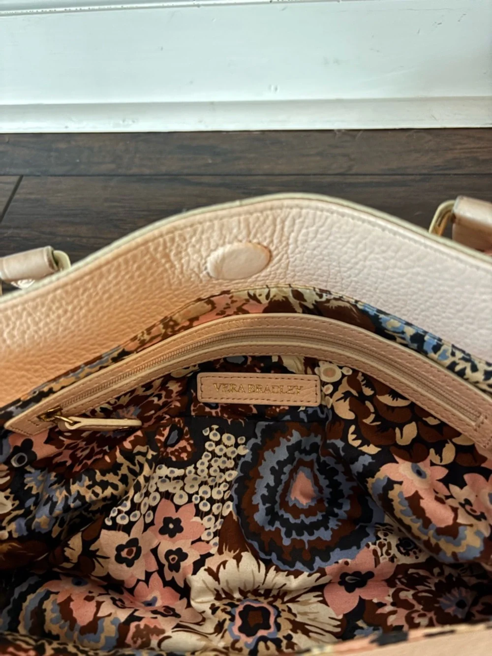 Vera Bradley Pale Pink Leather Floral Appliqué Satchel Handbag Purse - Picture 8 of 11